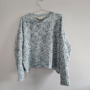 Pink Rose Sweater Womens XL Blue White Marled Knit Chenille Cropped Soft Girl